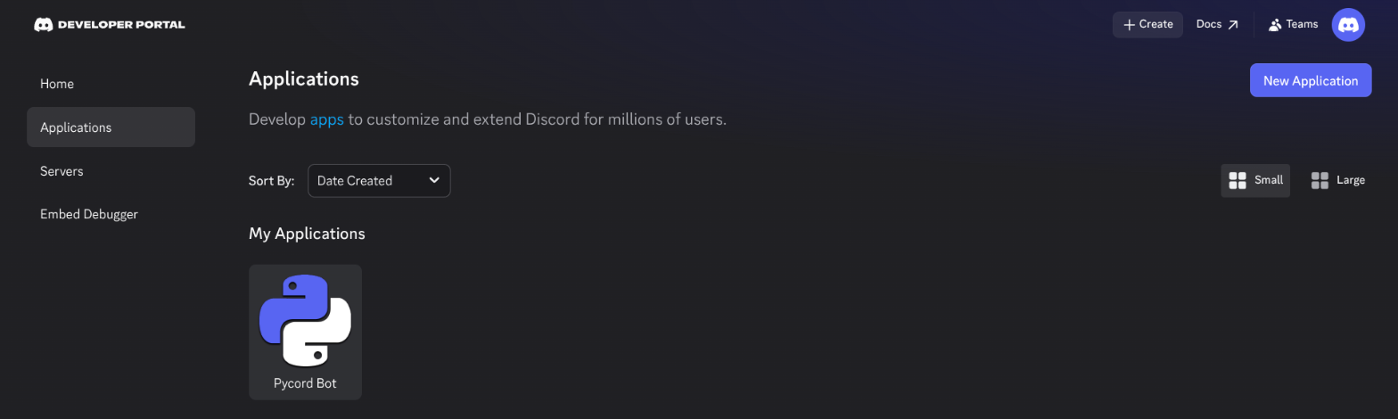 The Applications page of the Discord Developer Portal
