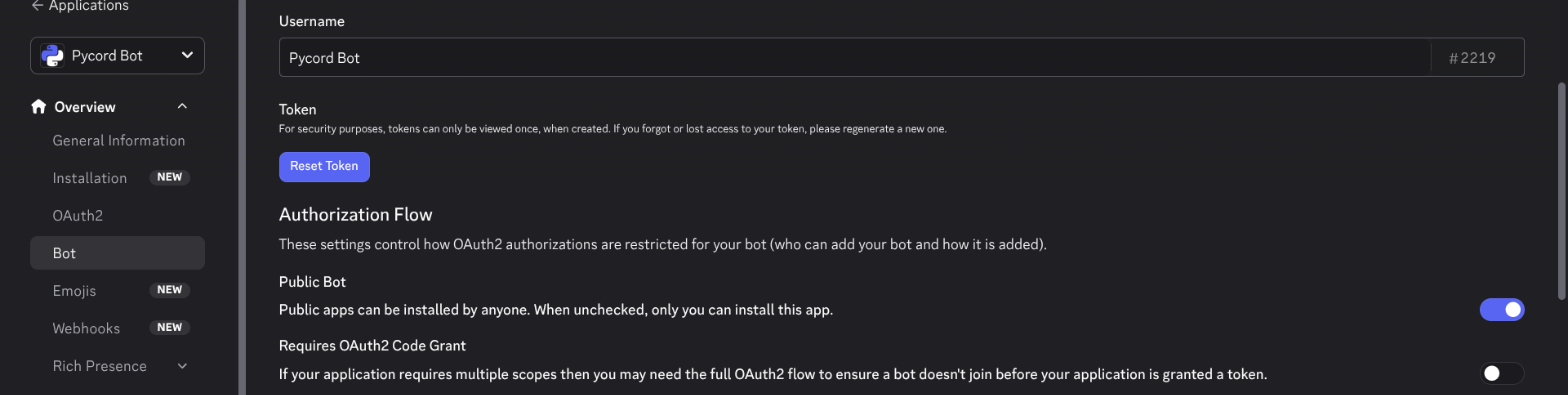 The Token section on the Bot page