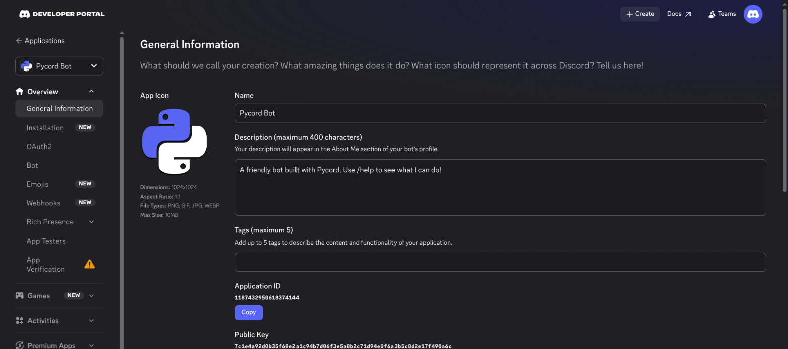 The General Information page of an application