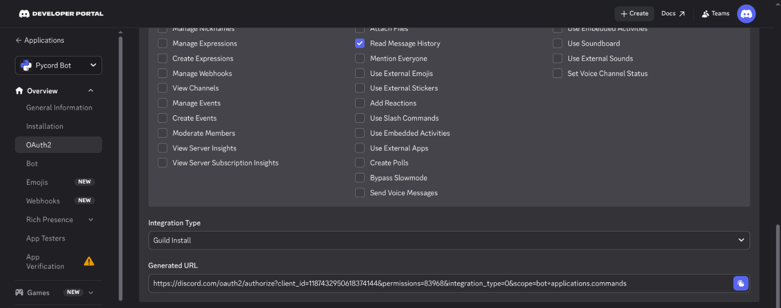 The OAuth2 URL Generator with the generated invite link