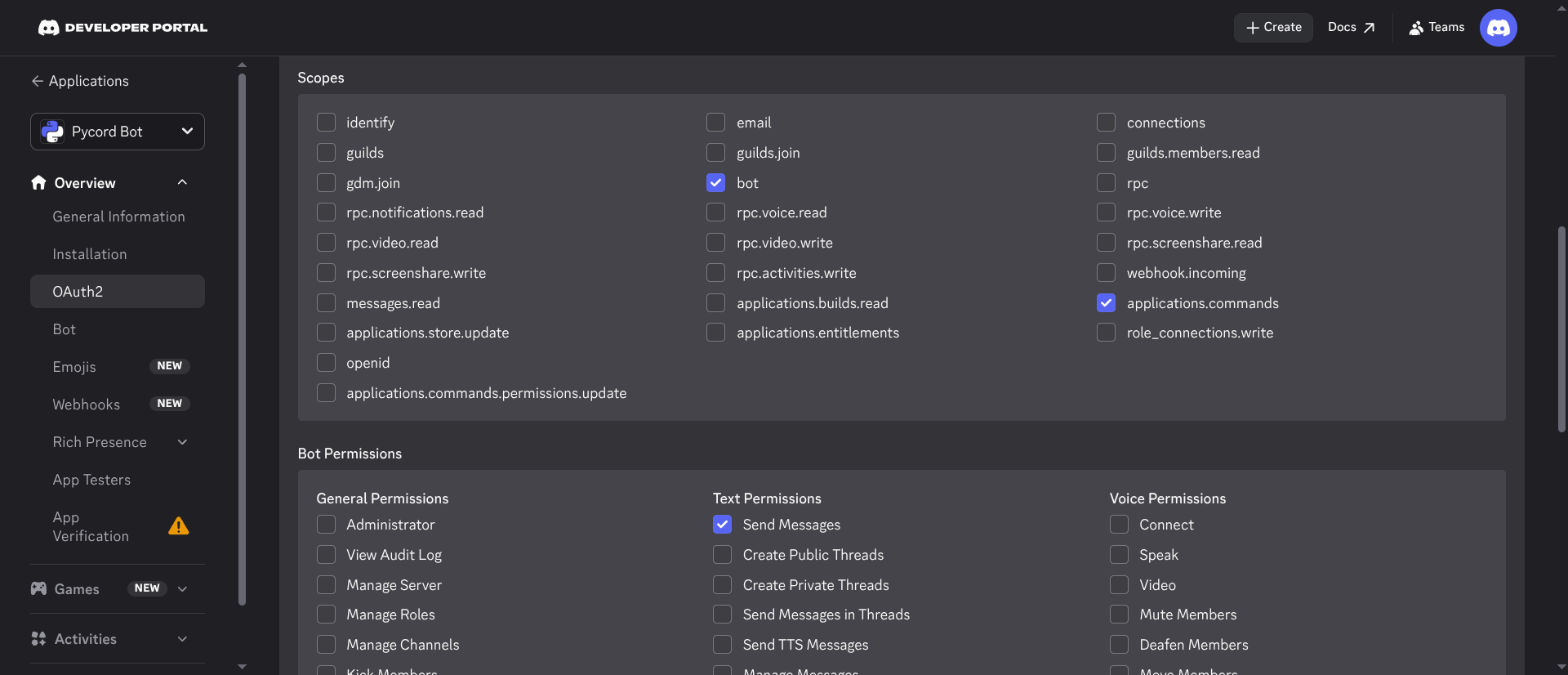 The OAuth2 URL Generator with the bot and applications.commands scopes selected